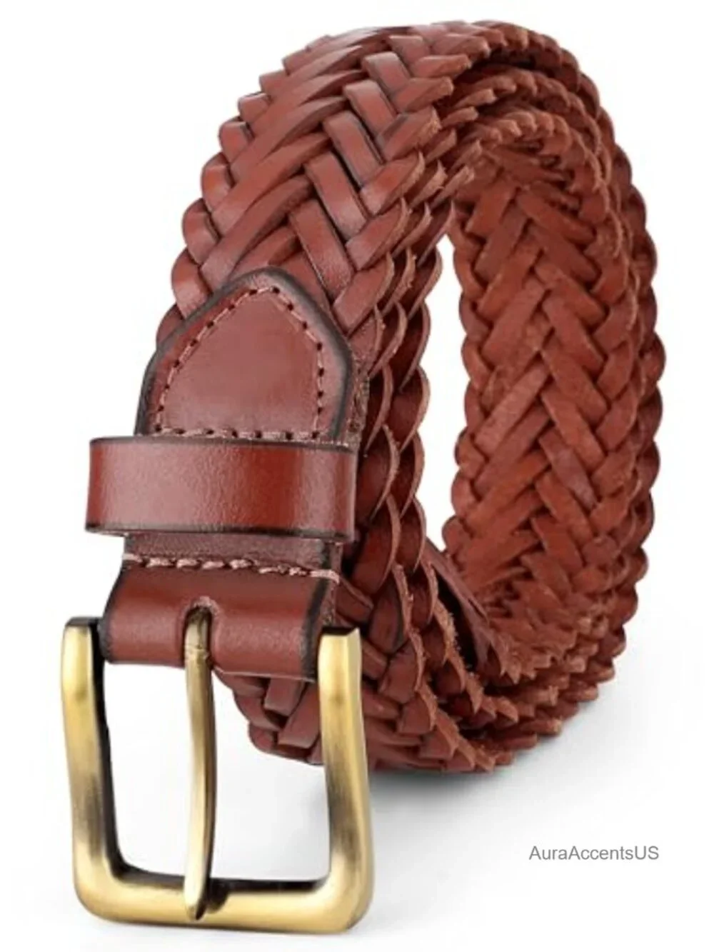 Men's Full-Grain Leather Braided Belt Woven Western Dress Casual